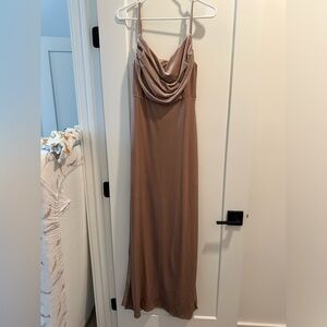 Revelry Skye velvet champagne color full length bridesmaid dress